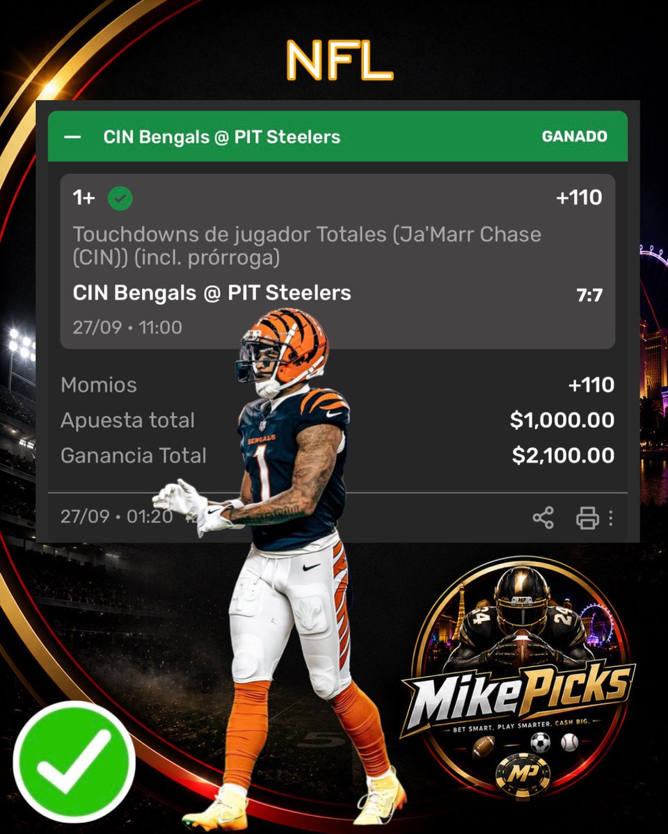 MikePicksNFL's tweet photo. Ja’Marr Chase nos da el verde con su anotación de Touchdown VS los Steelers ✅✅✅✅ y pasen a cajas 🤑🏈🤑🏈
.
.
.
#NFL #Bengals #Jamarchase https://t.co/XxW85JTxH4