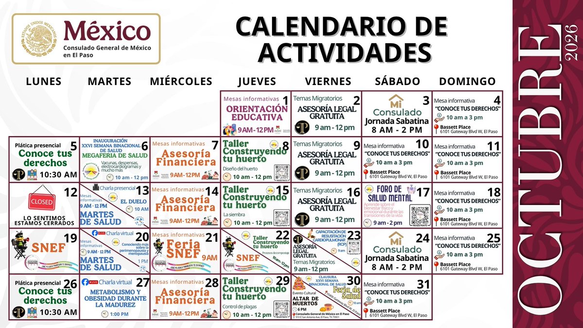 ConsulmexElPaso's tweet photo. 🍅🌿 ¡Construye tu propio huerto! 🌱

Únete al taller práctico “#ConstruyendoTuHuerto”, todos los jueves de octubre a las 10 a.m. en el Consulado

¡Cupo limitado!

📅 Consulta el calendario mensual de actividades para conocer más talleres y eventos

#SBS2026 #AcércateATuConsulado https://t.co/qWwdmuo1aM