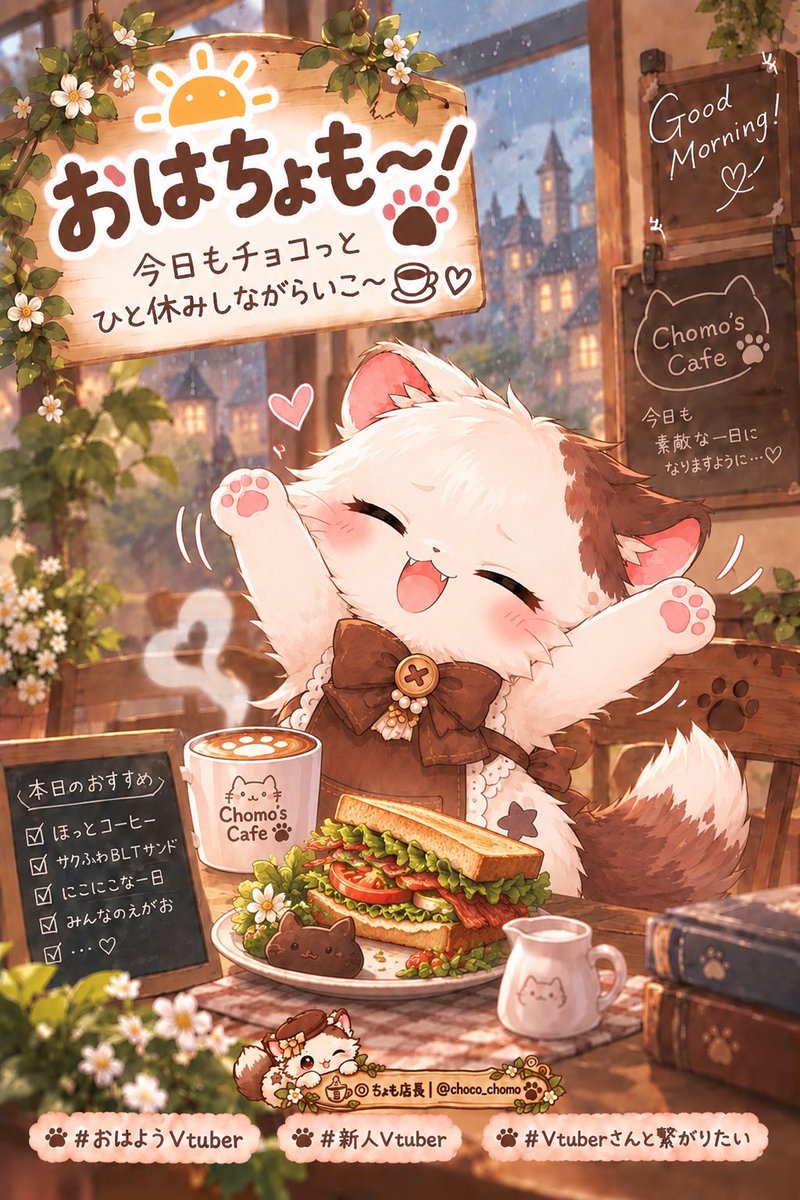 choco_chomo's tweet photo. おはちょも〜！☕️🐾

今日もちょもの街は雨☔️
朝から肌寒い〜💦
ぐ〜っと伸びたら
今日もゆるっとスタート〜！🐾

みんなも無理せず、自分のペースでね☺️
今日も素敵な一日になりますように☕️🍫

#おはようVtuber #新人Vtuber #Vtuberさんと繋がりたい #9月のVTuberフォロー祭り #VTuberフォロー感謝祭 #ちょも店長