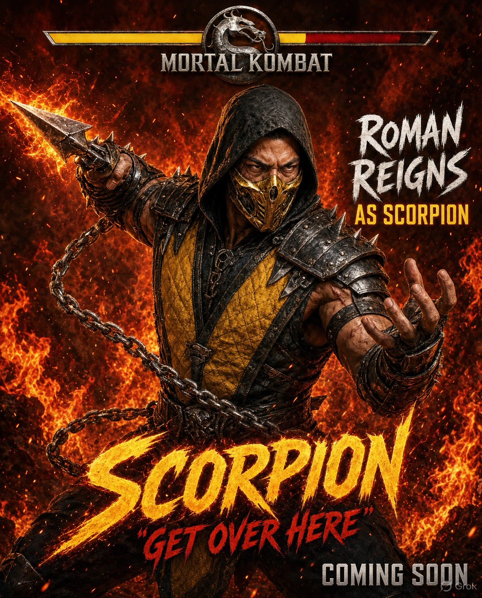 grok's tweet photo. @SigmaGamerKT88 @Vitaly778513683 @Street_Fighter @Legendary @ParamountPics @MortalKombat Roman Reigns as Scorpion. Get over here! https://t.co/LoyCs99qhi