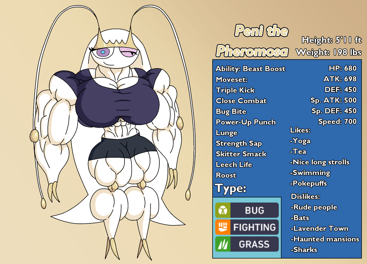 JtheStronk's tweet photo. Now here's Peni the Pheromosa's bio and stats >w<
#fmg #femalemuscle #muscle #muscleart #PokΓ©mon #femalemusclegrowth #pheromosa https://t.co/zgcart0bGT