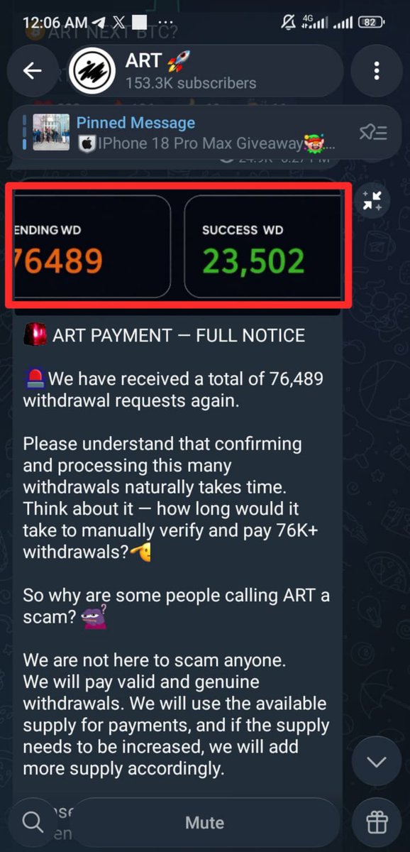 SaleemCryptoo's tweet photo. Very Important Announcement to the Entire ART Mining Community.

Please, everyone who sees this message, kindly help me push/share it to the ART Telegram Mining community. I really appreciate everyone around the world.

Message to @ART_Token_Web I want you to respond to me regarding this platform. Are you really not scammers?

Yesterday, you made a new post on Twitter/X saying that 76,489 people's withdrawals are pending, and you also claimed that 23,502 people had successfully received their payments.

Honestly, what you said is a lie. Nobody has received any payment into their wallet. You are scammers. May Allah deal with you and expose you.

What Nusrat said is true. But since you keep saying that you are not scammers because there is no deposit requirement, then who would deposit money into a platform that is supposedly free? If you are truly not scammers, pay the people their money.

Some people worked hard to accumulate their earnings. Some invited other people, while others spent a lot of time mining. The community should be able to withdraw their earnings, but their withdrawals are still pending.

Go ahead and pay the people if you want your project to have a good reputation.

May Allah make us successful Ameen May Allah protect us from scammers Ameen. 🤲