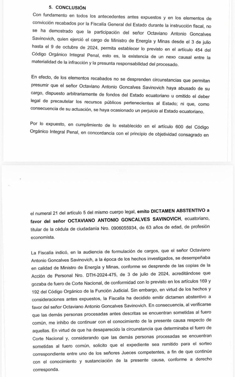 ecuainm_oficial's tweet photo. ‼️#URGENTE
La defensa técnica del exministro de Energía Antonio Goncalves informó que la Fiscalía emitió un dictamen abstentivo a su favor dentro del caso Apagón-Progen, al concluir que no existen elementos para atribuirle responsabilidad penal. La defensa sostuvo que Goncalves no tenía competencia sobre la contratación de Progen en Celec EP, no administró los contratos ni autorizó pagos. También señaló que la Fiscalía no encontró elementos para establecer que abusó de su cargo, dispuso arbitrariamente de fondos públicos u omitió un deber legal.
EN