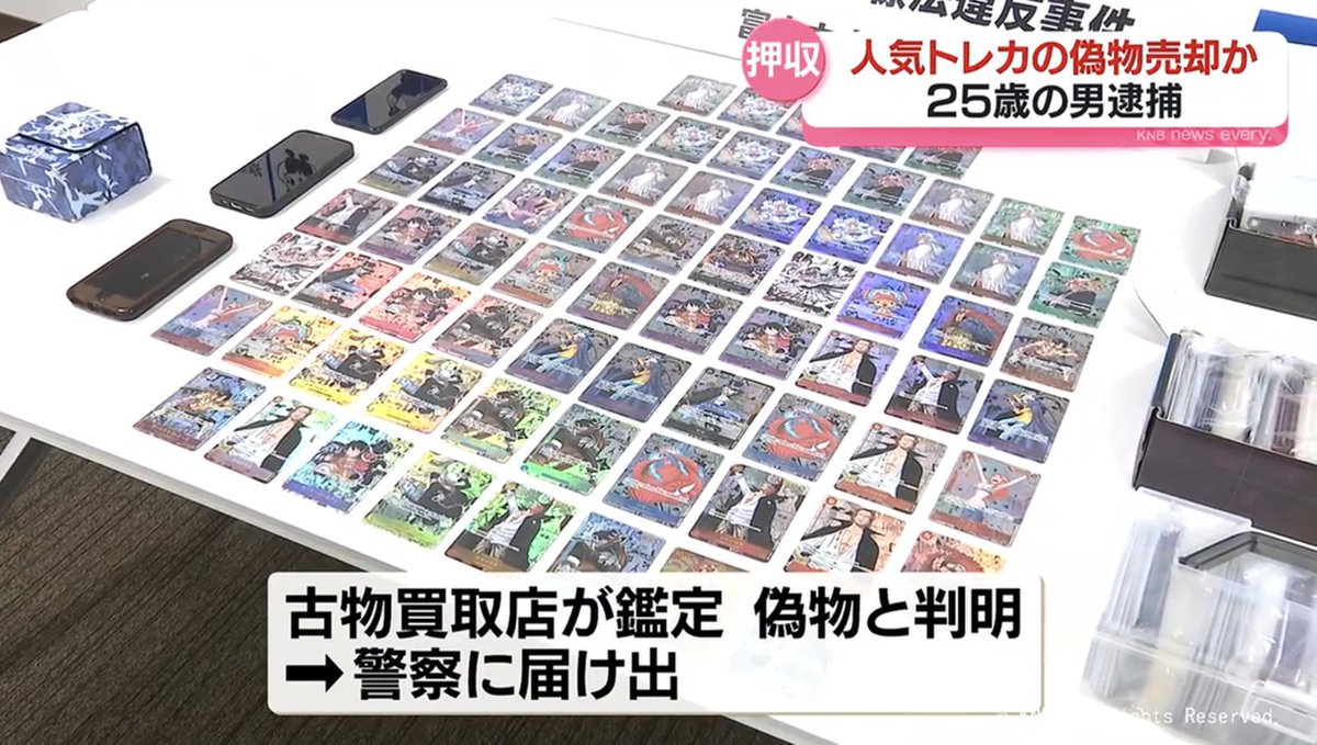 Kleza_108's tweet photo. ⚠️偽のワンピースカードを買い取らせ逮捕⚠️

2025年6月、本物のワンピカに偽物8枚を混ぜて富山市の古物買取店に約20万円で売却したとして、商標法違反の疑いで富山県射水市小島の自称・アルバイトの前畑実宏(25)を逮捕

8枚は1000円から10万円で買い取られ、店が査定業者に鑑定を依頼し発覚

容疑を認めている

自宅などから偽物のトレカ60枚ほどを押収
警察は入手先や余罪を調べている