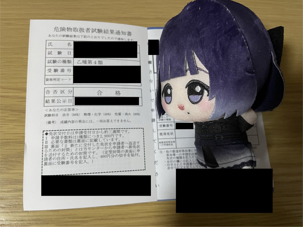 atomumisuzu's tweet photo. おはようございます
危険物取扱者試験の乙種第4類に合格致しました
体調不良でも、少しずつ勉強していた努力の結果です
学マス（アイマス系統含む）が好きな方たちに支えてもらえたので、ここまで到達することができました
ありがとうございます
みすぬいも褒めてくれてるみたいです
「まあ（喜び）」 https://t.co/wyjdcHHkId