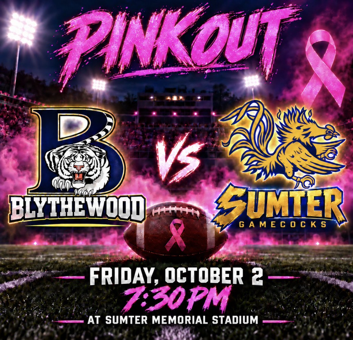 sumtergamecocks's tweet photo. ๐ฉท๐ PINK OUT FRIDAY! ๐๐ฉท
Sumter hosts Blythewood this Friday, October 2 at 7:30 PM at Sumter Memorial Stadium. Wear your pink and join us as we stand together in the fight against breast cancer! ๐๐
๐
#PinkOut #GoGamecocks #SumterAthletics https://t.co/A2CRoaaWsn
