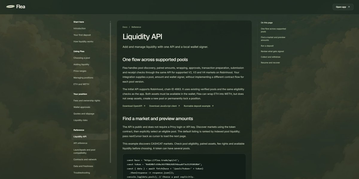useFlea's tweet photo. The Flea API is live.

Adding liquidity programmatically usually means handling different contracts, approvals and transaction flows for each protocol and pool version. Flea brings that work into one simple API.

For example, your app can find CASHCAT’s supported pools, calculate the assets needed, prepare approvals, add liquidity and track the resulting position. You can then collect fees or withdraw through the same API, with transactions signed by your own wallet.

Available for supported V2, V3 and V4 pools on Robinhood, with a JavaScript client, runnable example and API reference to get started.

https://t.co/6KoEb5sjQH
