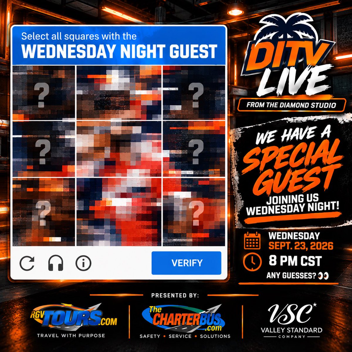 diamondditv's tweet photo. π MYSTERY GUEST INCOMING.
Someone special is joining us Wednesday on DITV LIVE from The Diamond Studio.
We scrambled the evidence so weβre not making this easy. π
Who do you think it is? β¬οΈ
ποΈ Wednesday | 8 PM CST
#DITV956 #UTRGV #RGVSports https://t.co/3Iu87uG2iN