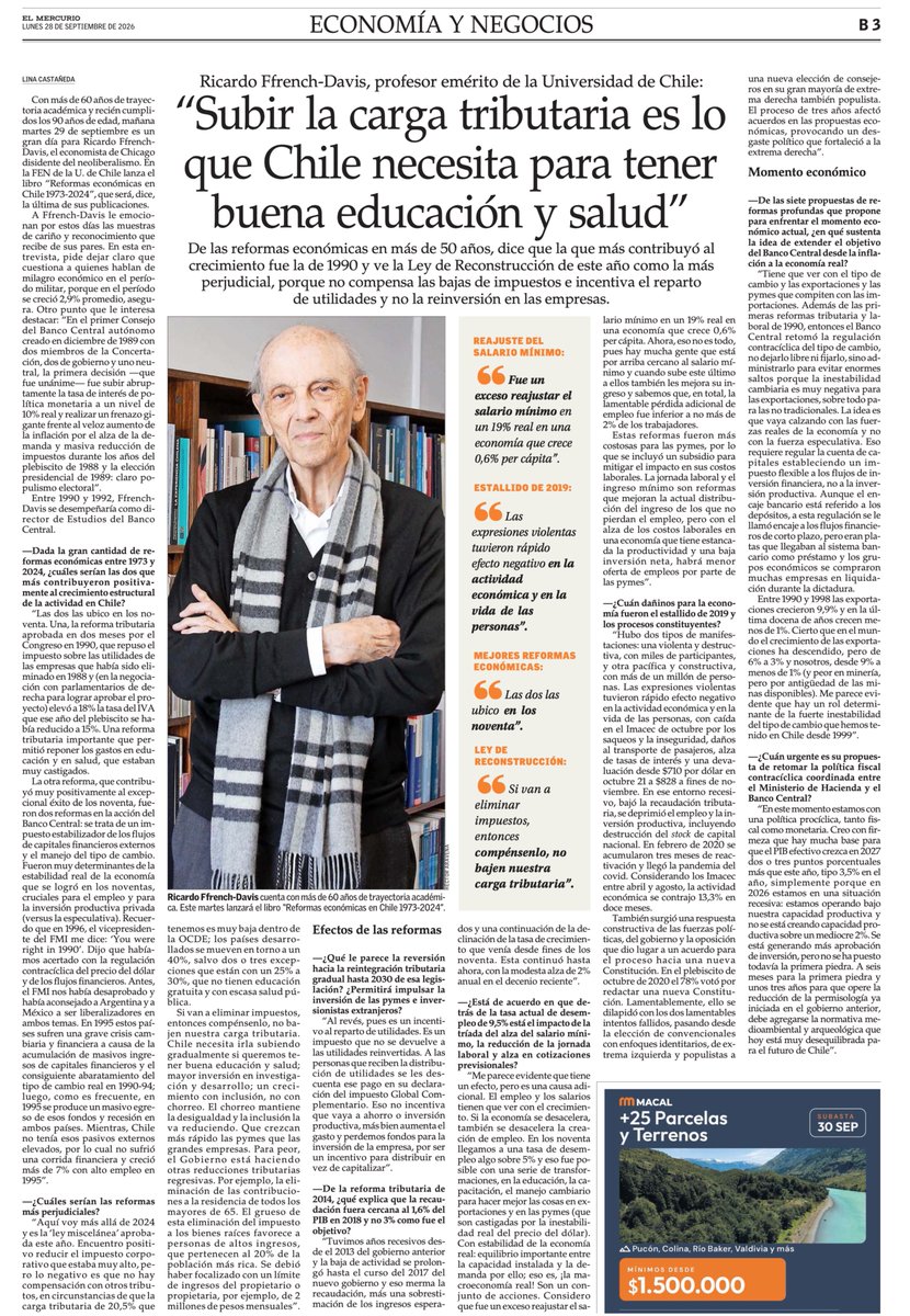 uchile's tweet photo. [UCHILE en la Prensa] Ricardo Ffrench-Davis, profesor emérito y maestro durante décadas en @fenuchile, en entrevista sobre temas de contingencia con Economía y Negocios @__elmercurio: "Subir la carga tributaria es lo que Chile necesita para tener buena educación y salud" https://t.co/RkO8cFEEGR