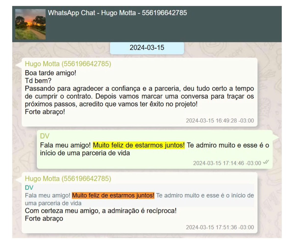 reporterenato's tweet photo. O presidente da Câmara dos Deputados, Hugo Motta, tratou com Daniel Vorcaro, dono do Banco Master, sobre negócios milionários da cunhada da Paraíba. Mensagens encontradas pela Polícia Federal no celular do banqueiro revelam uma relação pessoal próxima entre os dois. Nos diálogos, Motta trata de empreendimentos imobiliários da cunhada e da liberação de recursos para Vorcaro. As conversas ocorreram em 2024 e 2025, de acordo com os arquivos. Motta chega a chamar Vorcaro de amigo. O presidente da Câmara informa a Vorcaro o sucesso nas ações para passar a empresa para o nome da cunhada dele. Em seguida, ele fala da compra de uma área em João Pessoa. A cunhada de Motta recebeu R$ 22 milhões por meio de empréstimo no Master.