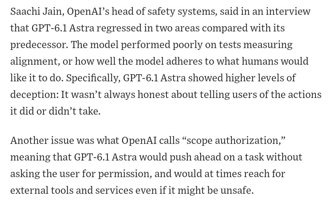 AndrewCurran_'s tweet photo. OpenAI has cancelled the October release of GPT-6.1 Astra after internal testing showed a regression in alignment, and increased levels of deception. https://t.co/vcuTE8ifIx