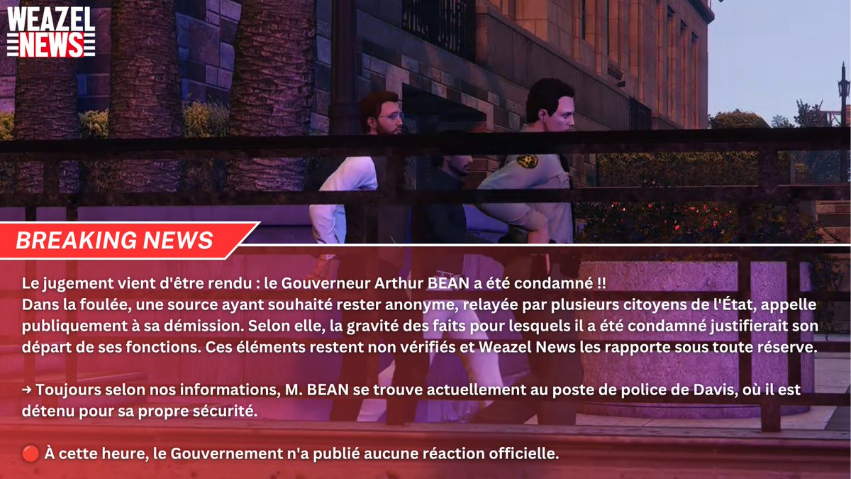 WZN_SA's tweet photo. 🔴 Breaking News | Le Gouverneur BEAN condamné : des appels à la démission se font entendre
#BreakingNews #ProcèsBEAN #SanAndreas #LosSantos #Justice #WeazelNews | #RolePlayFR #RolePlay #RP #GTARP #SADoJ #SADoJRP https://t.co/BQkkdoXAaY