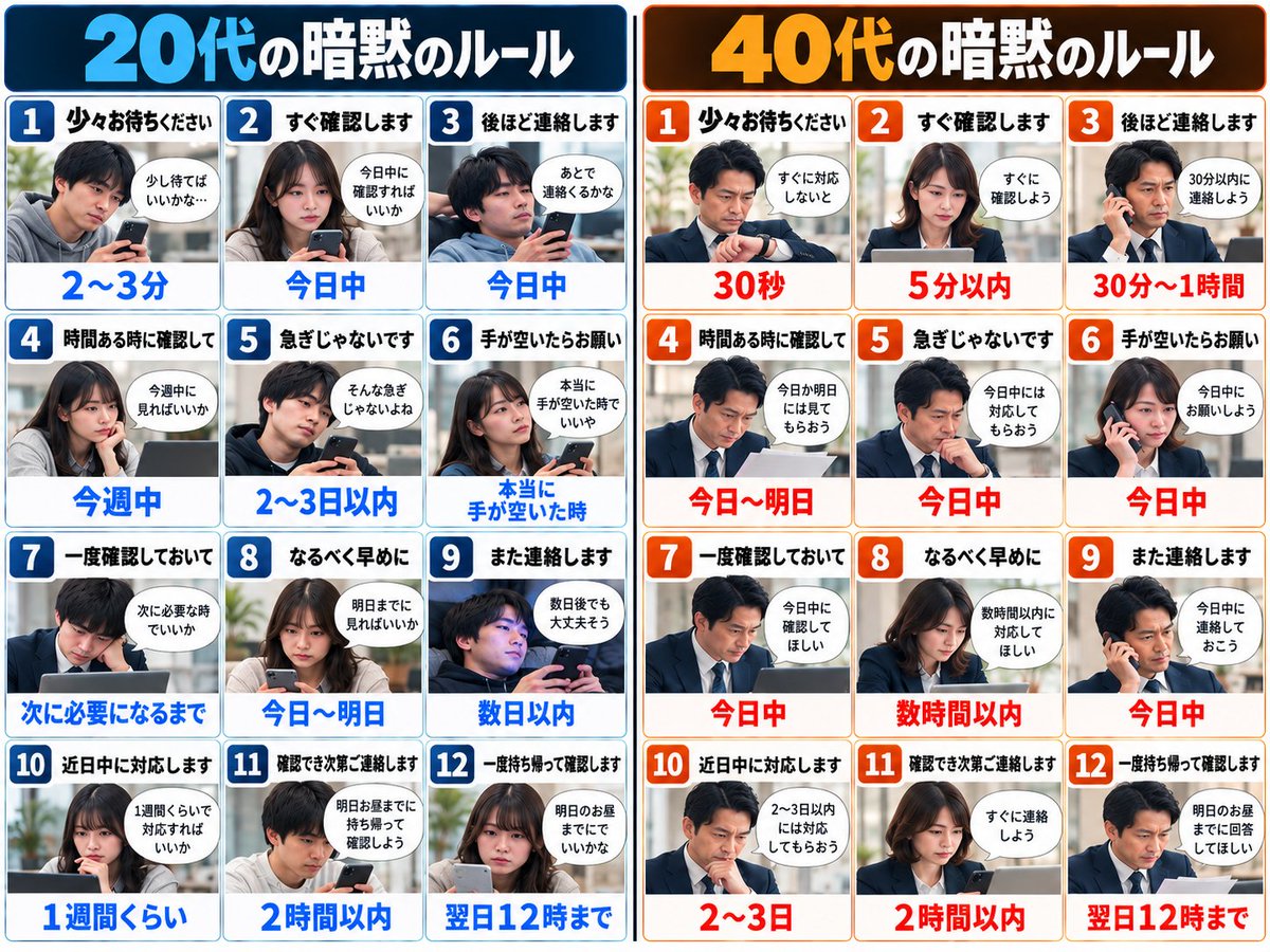 Sasaki___web's tweet photo. 時間の感覚こんなに違う
Z世代とY世代の常識 https://t.co/Fs0LAQUP4S