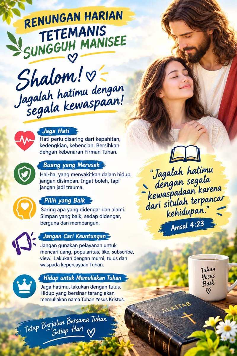lemuel_marthen's tweet photo. RENUNGAN HARIAN TETEMANIS SUNGGUH MANISEE

Shalom! Jagalah hatimu dengan segala kewaspaan!
.
.
#Amsal4:1-27
#Amsal4:23
#LordJesusYourSavior
#TuhanYesusJuruSelamatHidupmu
#HappyTuesdayMorning

               https://t.co/lUaLXXD0Az https://t.co/9pN38CURtU