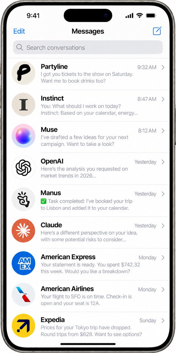 DennisonBertram's tweet photo. This is what I think the future looks like. 

Every number in our phone book will be a bot that we talk with directly, and it works on our behalf. 

Everyone is trying to win the "ai assistant for all things" but I don't think it's a winner take all market. 

Problem here, I think, is the humans. 

Humans don't like all-in-one things. Swiss Army knives exist. Many people own them, but most people don't. 

Sporks are clearly better than spoons and forks, but when's the last time you used one? Do any of you own one at home? 

I think it's going to be the same thing with AI agents. One long, persistent thread for everything is a confusing psychological mess. 

You're going to want agents specifically designed for the task that you're doing. 

@textpartyline is for going out and meeting friends.
@instinct_inc  is for tackling your to-do list.

Indeed @bot , I think, does it really well with channels, but if you don't get the user to download your app, you're cooked. 

That's why the best AI assistant lives where you already are: in iMessage, and that's why your contact book is where you have the channels of your agents. 

This isn't a winner-takes-all market, but it's going to be an exceptionally large market, so even smaller players are going to be worth hundreds of billions.