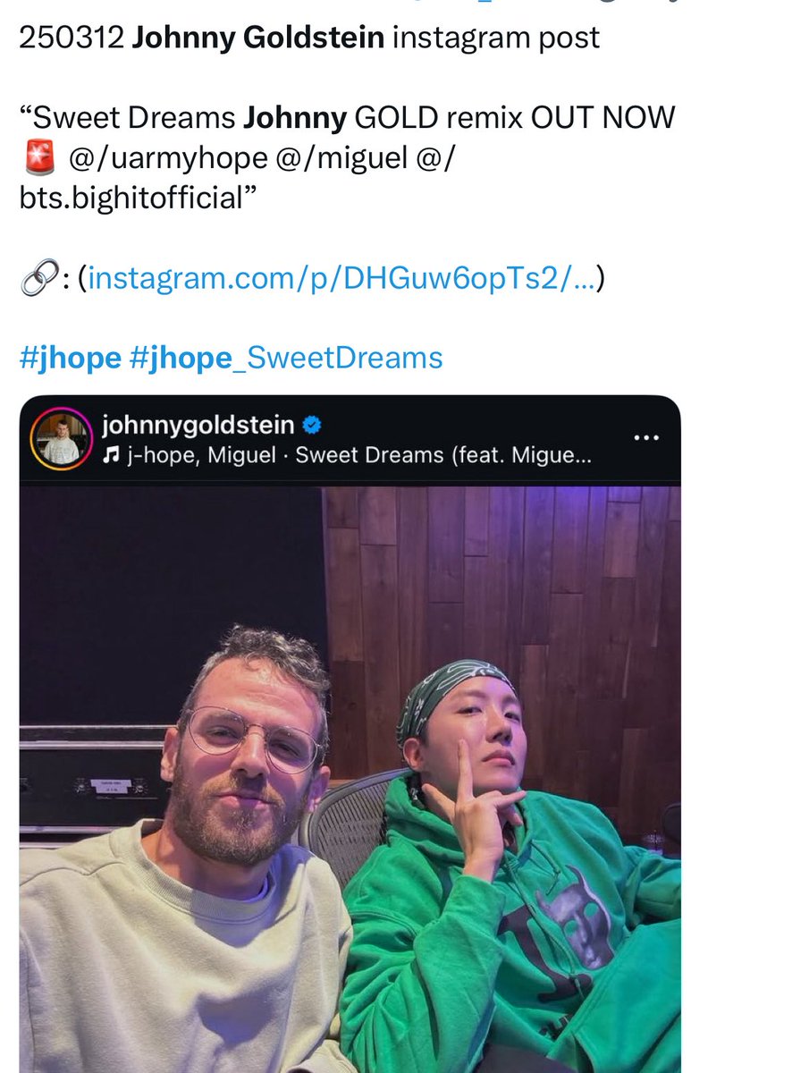 coupdtatd's tweet photo. can’t believe no one is talking about this jhope literally worked with Johnny Goldstein who was an actual former IDF soldier and a well-known supporter of a slogan widely associated with backing Israel genocide actions 

this man is literally on IG bragging 💀 https://t.co/5RTnMDcjUB