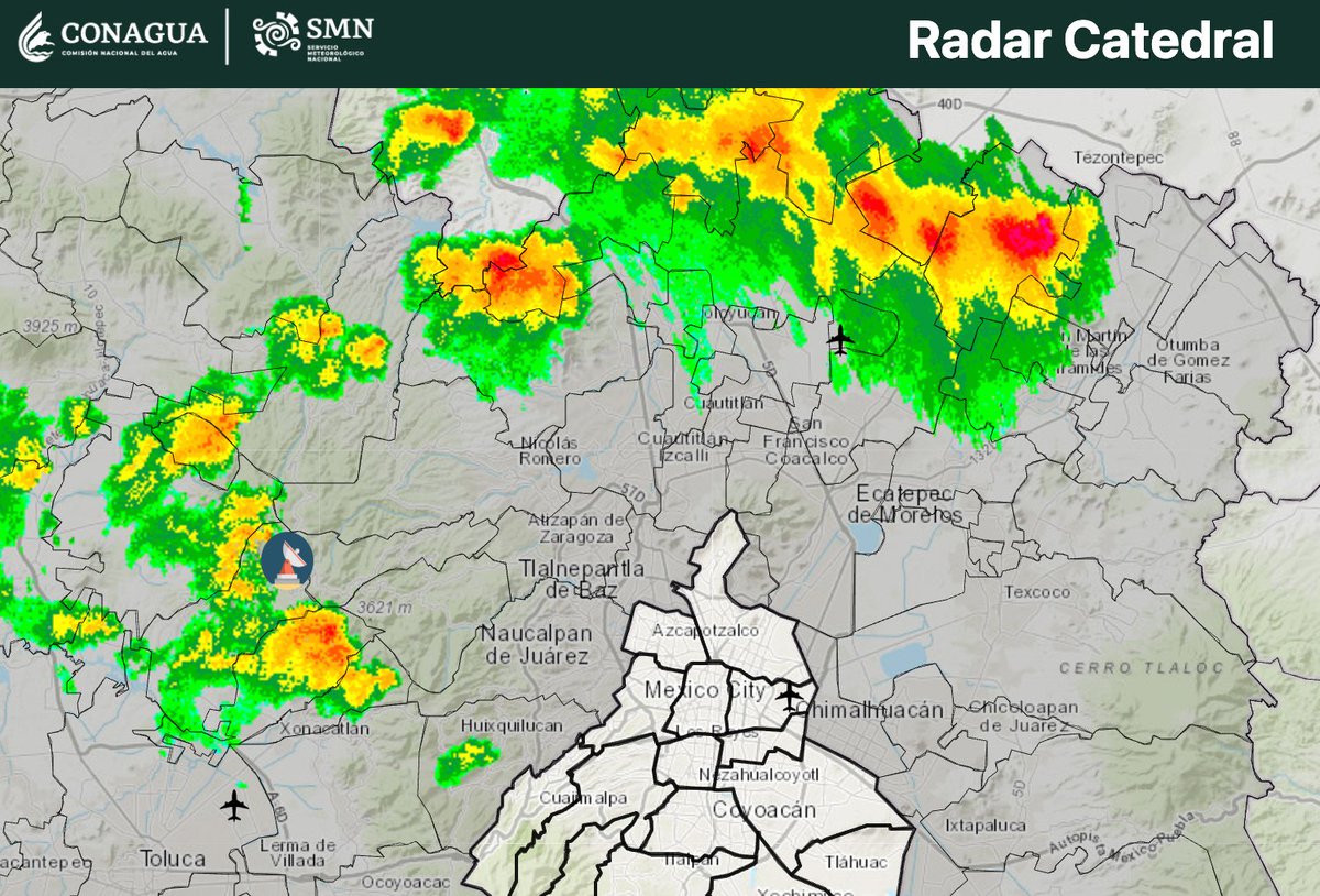 SasslaClimaMx's tweet photo. #TenemosLluvia ⛈️ 🟠 | Tormentas al norte del #EDOMÉX

🚦LIGERA 🔵 - FUERTE 🔴 (caída de granizo)

❗¿DÓNDE LLUEVE?

• #EDOMÉX: Zumpango, Temascalapa, San Martín, Teotihuacán, Tecámac, Huehuetoca, Tequixquiac, Hueypoxtla, Coyotepec, Villa C, Jiquipilco, Otzolotepec y Xonacatlán https://t.co/LPsm6h6Cri