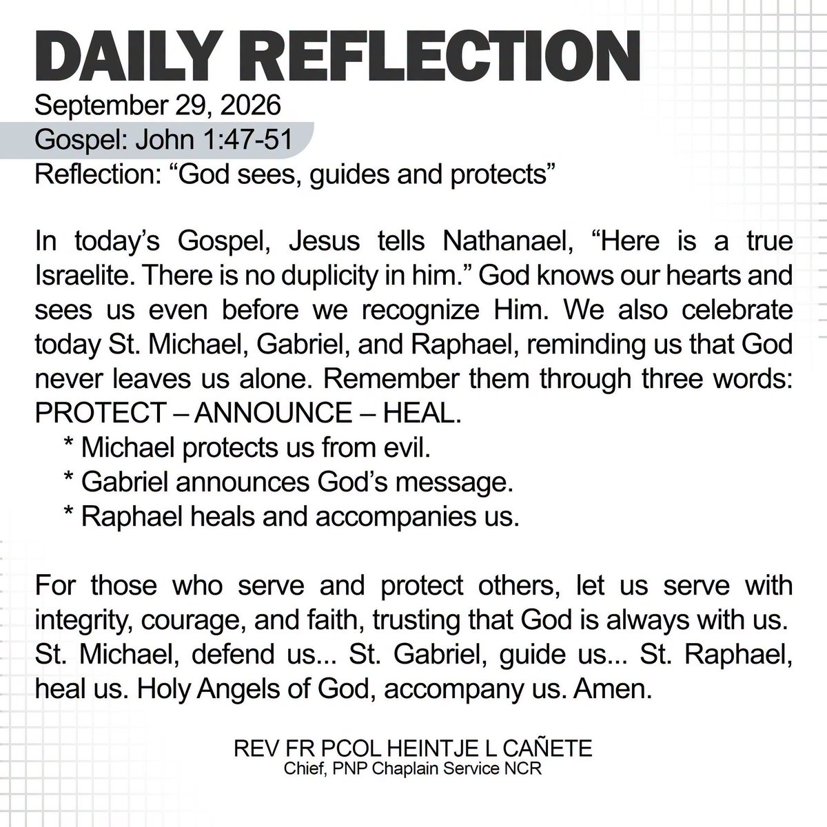 PCADGIlocosR's tweet photo. September 29, 2026
Gospel: John 1:47-51
Reflection: “God sees, guides and protects” https://t.co/rrOYfEG6g4