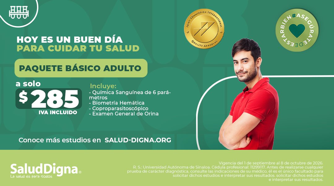 saluddignamx's tweet photo. 🟢 Este paquete no requiere de cita, solicítalo en clínica: https://t.co/3CzTXFgs8m.

Chequeos preventivos para ti y tu familia. 💚🩺

🏥 Conoce nuestras clínicas certificadas por Joint Commission International: https://t.co/MOeQXjwJyA. https://t.co/yCqcJVdv39