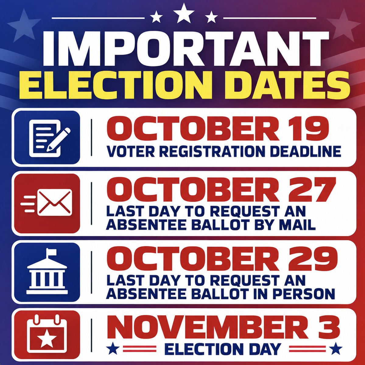 votebrettjones's tweet photo. Election Day is November 3rd, which is just over a month away! While we've got your attention, please take note of these other important dates for this election.

#electionday #voterregistration #registertovote #midterms #huntsville https://t.co/vo2cUhQYqx