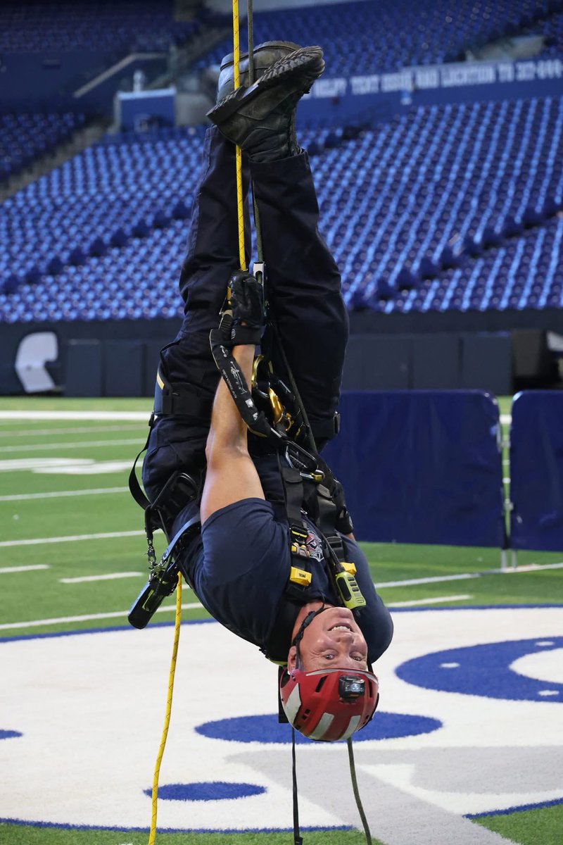 IFD_NEWS's tweet photo. On the heels of an Indianapolis Colts win over the Houston Texans on Sunday - IFD Firefighters conducted High Angle Rope Rescue Training today at Lucas Oil Stadium.  While the training itself is all business, the opportunity to rappel 265 feet or 26 stories onto the field, was a https://t.co/a4XT1ck2fM