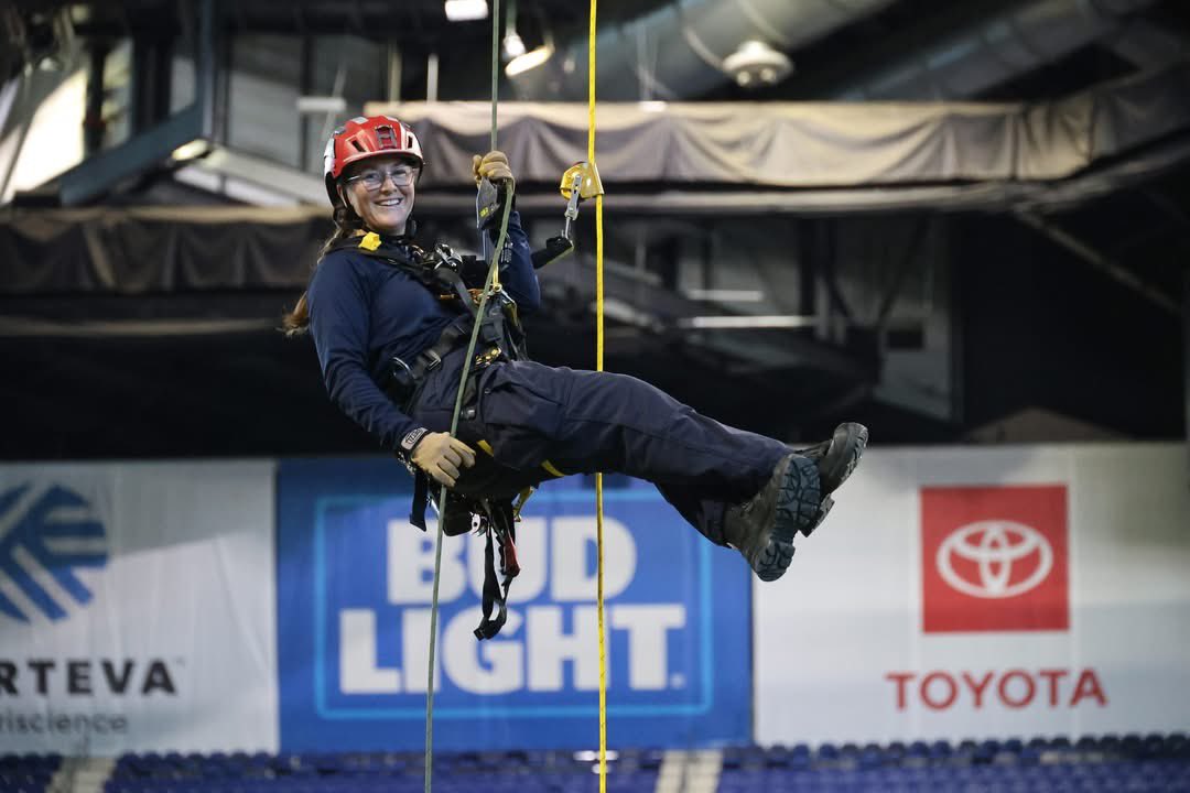 IFD_NEWS's tweet photo. On the heels of an Indianapolis Colts win over the Houston Texans on Sunday - IFD Firefighters conducted High Angle Rope Rescue Training today at Lucas Oil Stadium.  While the training itself is all business, the opportunity to rappel 265 feet or 26 stories onto the field, was a https://t.co/a4XT1ck2fM