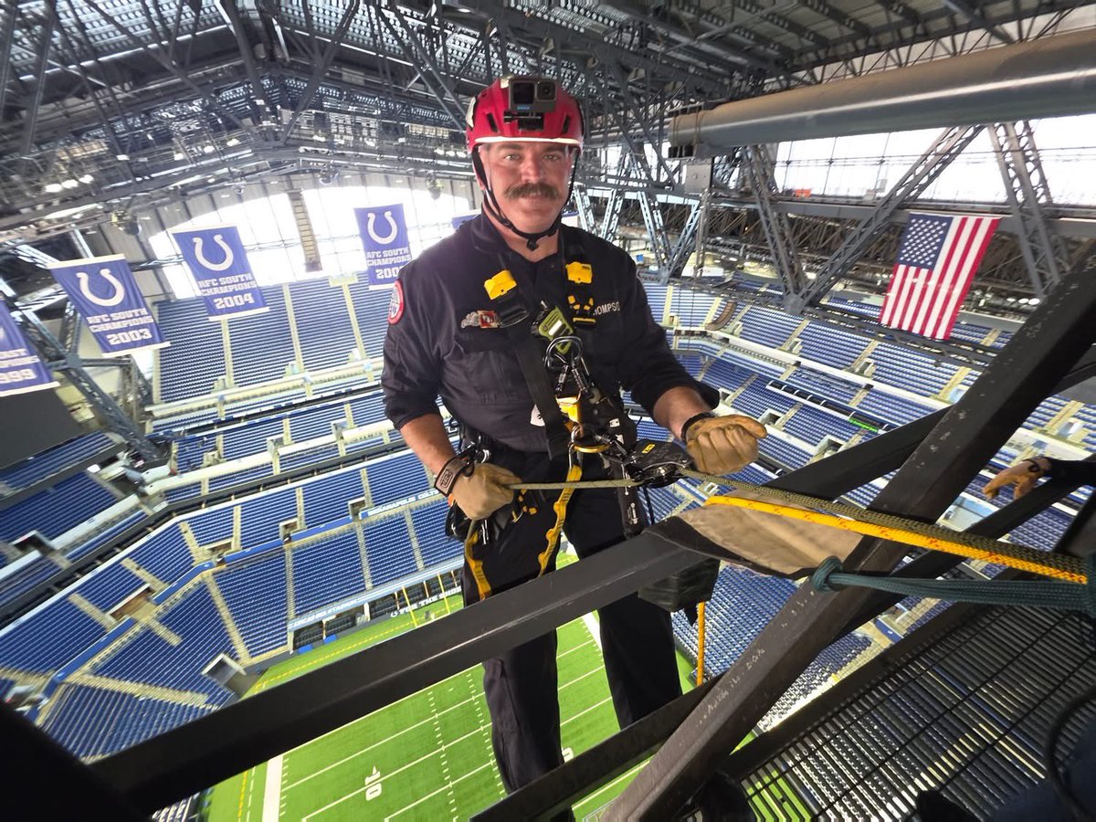 IFD_NEWS's tweet photo. On the heels of an Indianapolis Colts win over the Houston Texans on Sunday - IFD Firefighters conducted High Angle Rope Rescue Training today at Lucas Oil Stadium.  While the training itself is all business, the opportunity to rappel 265 feet or 26 stories onto the field, was a https://t.co/a4XT1ck2fM
