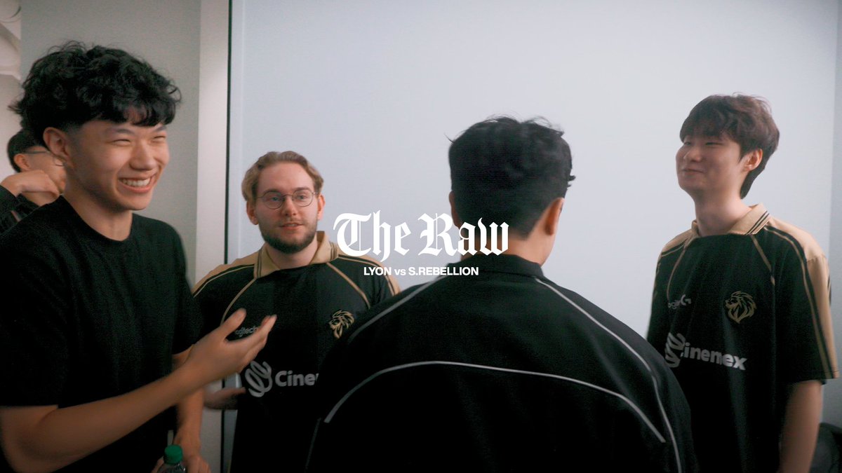 A promotional image for 'The Raw' (LYON vs S.REBELLION) showing four esports players in black and gold team jerseys, with one smiling broadly on the left.