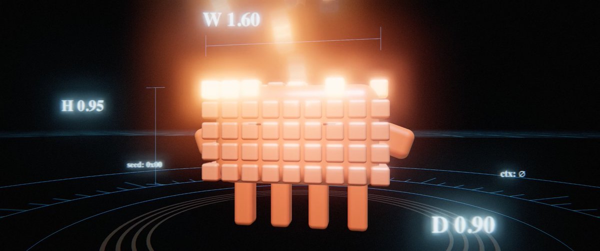 A 3D rendered cube character made of smaller orange blocks displayed on a dark background with dimension labels: W 1.60, H 0.95, D 0.90.