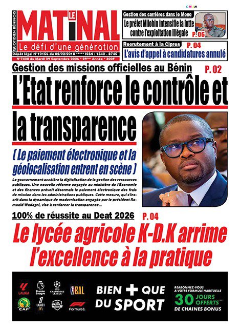 LeMatinal_Benin's tweet photo. La Une du mardi 29 septembre 2026. Les articles sont à lire sur https://t.co/bN02VyvVH2 

#LEMATINAL #wasexo #benin https://t.co/6lB3Zfnzha