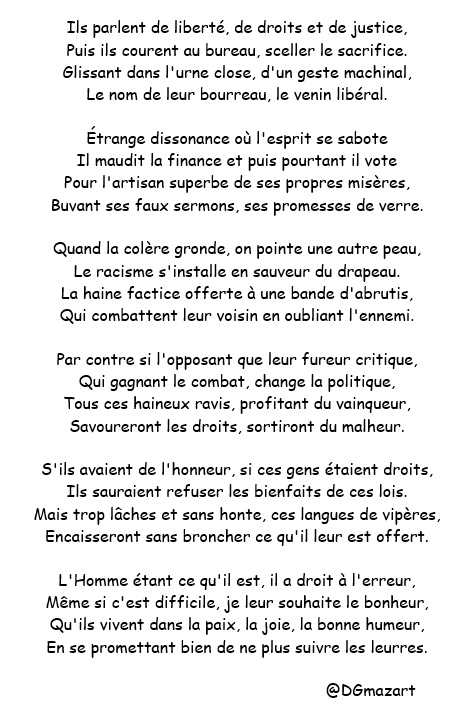 DGmazart's tweet photo. Chanson née de ma réponse en vers ci-dessous,son style Santana devrait vous faire passer un bon moment.
Les gens votent depuis 2012 contre leurs propres intérêts ! le prog de #LFI testé à l'aveugle plaît à + de 65 %. #dissonnance #AEC #Présidentielle2027
https://t.co/F0y9ntpwJT https://t.co/TfvgpMJGHn