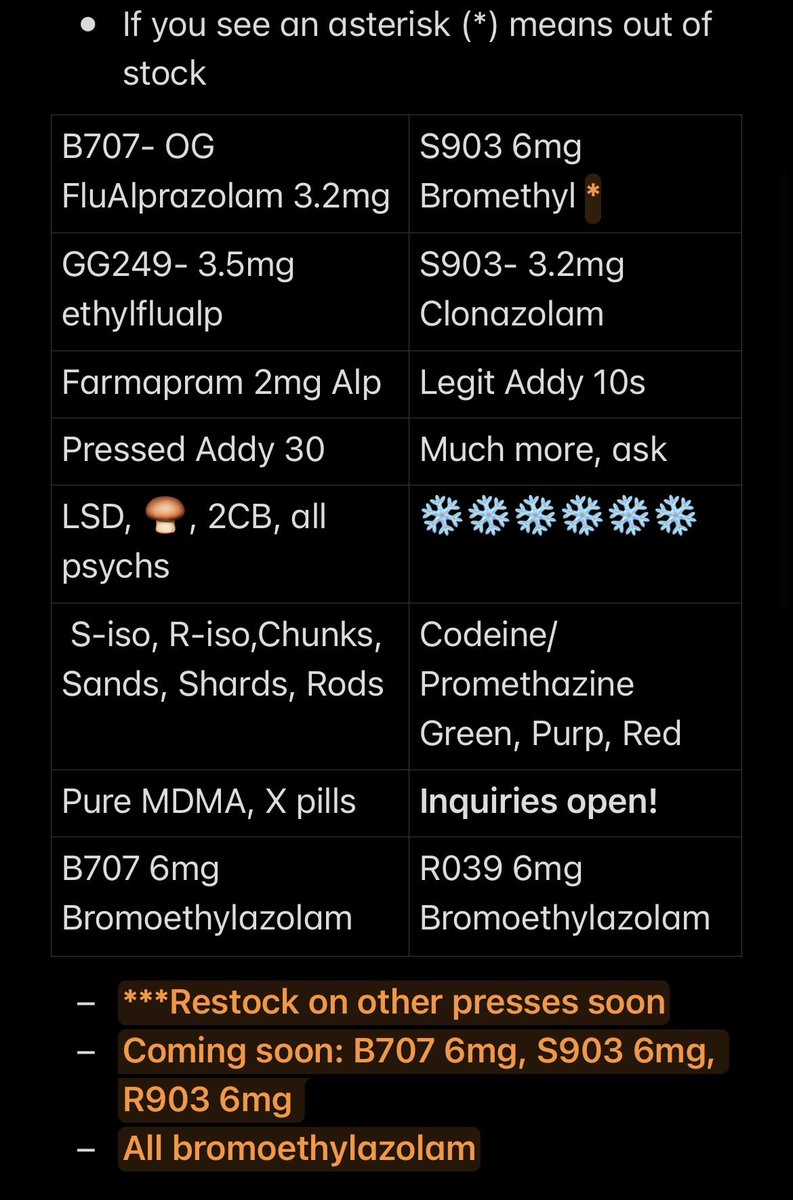 mrcleanrx33's tweet photo. Menu, inquires open

Message me on the app session: 058b969a27a14edca86396fc31986200fde96fa6f986af9ac1f87696195b7b9539

#drugtwt
#xantwt
#lsd https://t.co/owgggCAic4