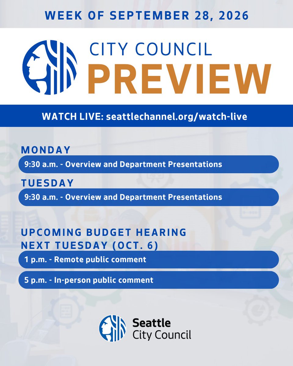 SeattleCouncil's tweet photo. Budget season is in full swing! Here’s what to expect at City Hall the week of Sept. 28 - Oct. 2. 
Watch live ➡️ https://t.co/82iMiy0B3A 
Full agendas 📄 https://t.co/GO3SCnqz2z  

Check out the posted agendas for more details. https://t.co/3MVxmwmrWN