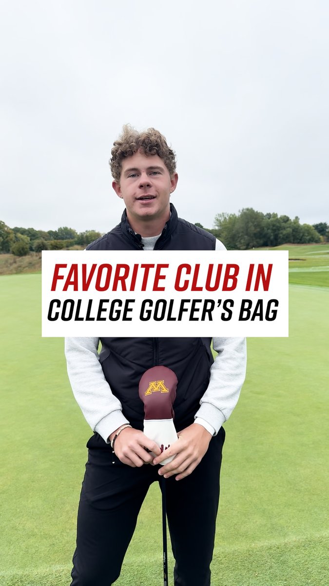 A young male golfer standing on a golf course holding a putter with a Minnesota Golden Gophers headcover, with text overlay reading 'FAVORITE CLUB IN COLLEGE GOLFER'S BAG'.