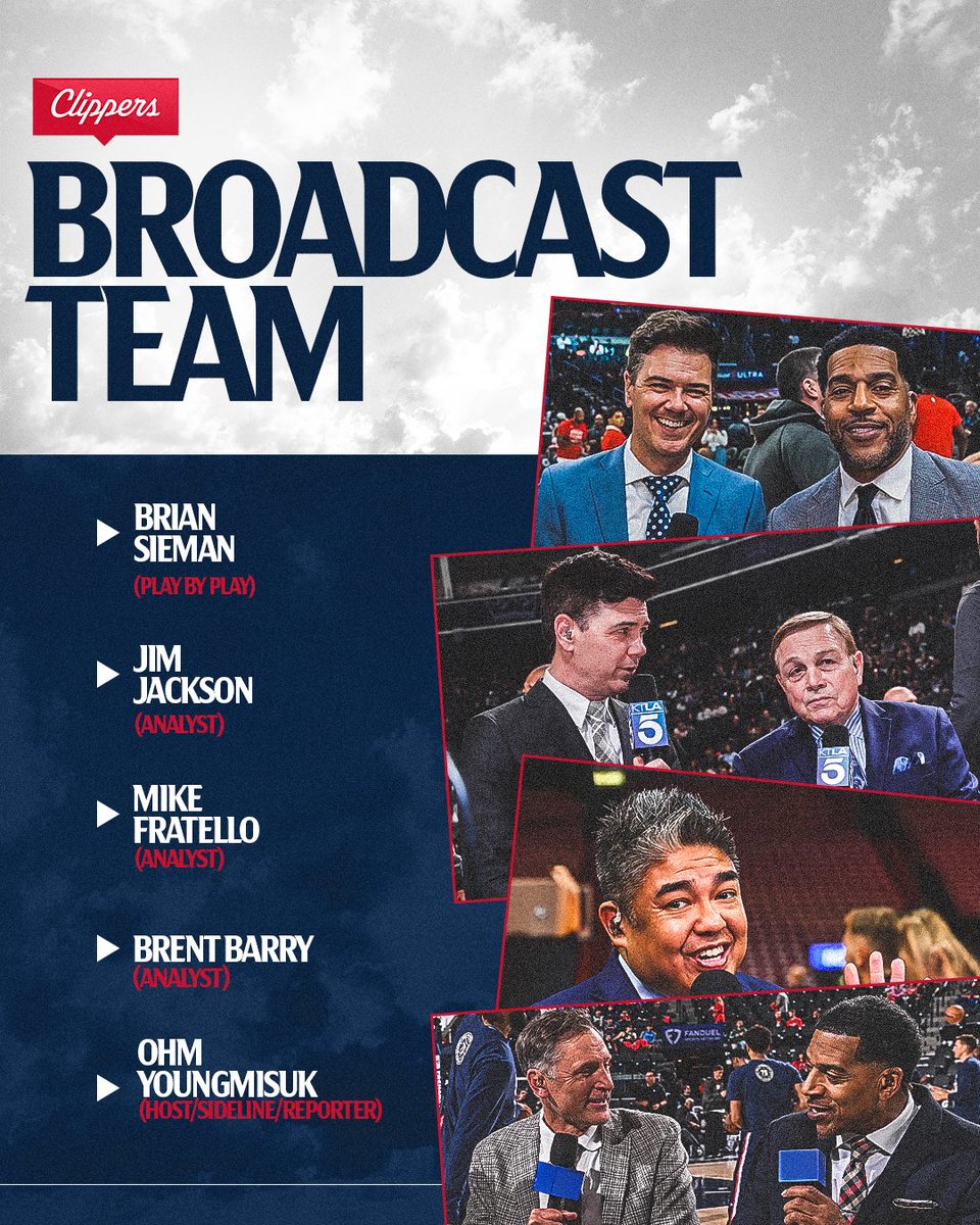 LAClippers's tweet photo. Our TV broadcast team for the 26-27 NBA season 📺

Brian Sieman returns as our play-by-play announcer along with lead game analyst Jim Jackson. Mike Fratello and Brent Barry also return as analysts, while veteran NBA reporter Ohm Youngmisuk joins as sideline reporter/host. https://t.co/TNzyV8c4hF