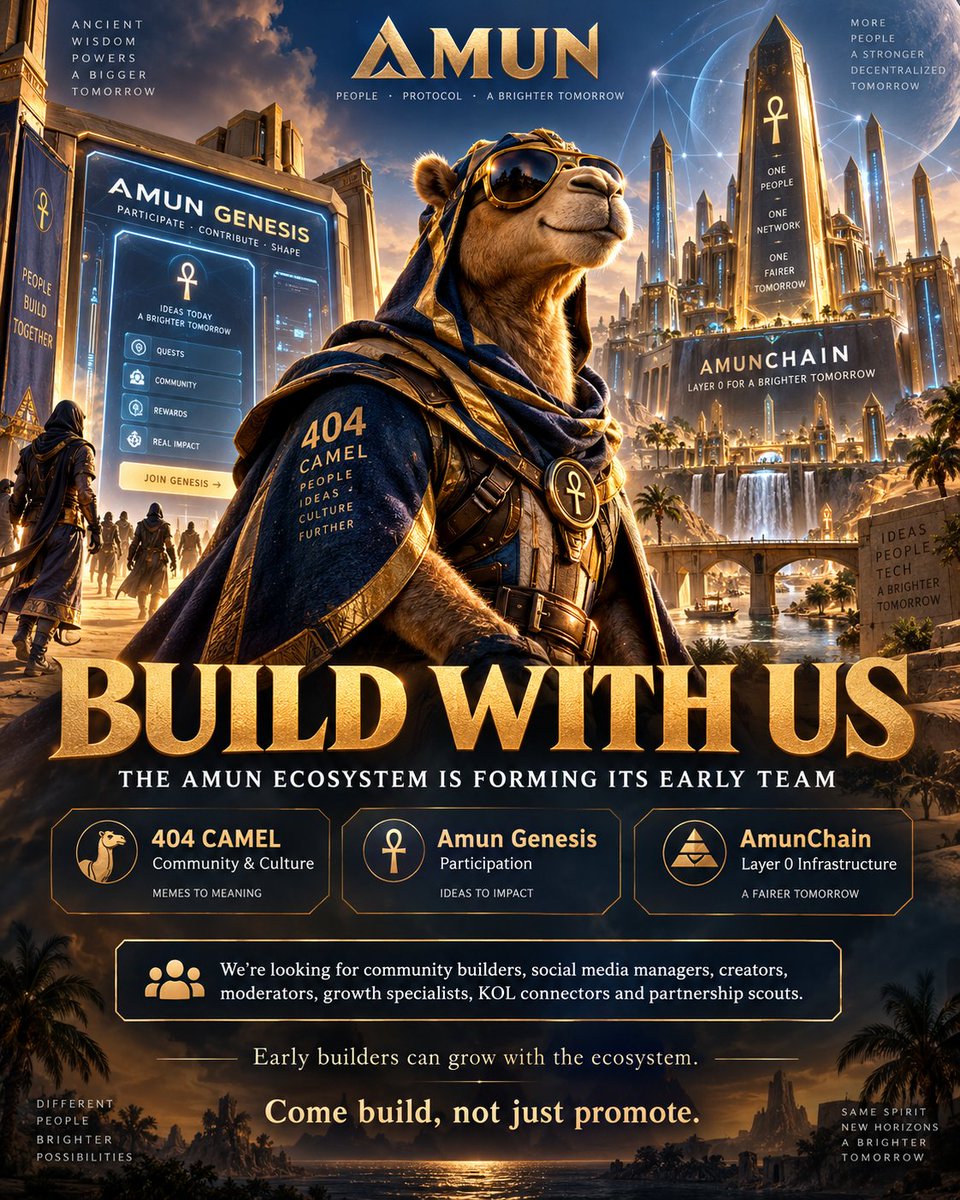 C404Camel's tweet photo. 🚨 WE’RE BUILDING THE TEAM.
Looking for community builders, creators, KOL connectors, growth &amp; social media talent for:
🐪 404 CAMEL
⚡ Amun Genesis
⛓️ AmunChain Layer 0
Formal roles. Clear responsibilities. Long-term vision.
Come build, not just promote. 🔥 https://t.co/mtgMc5zLxR