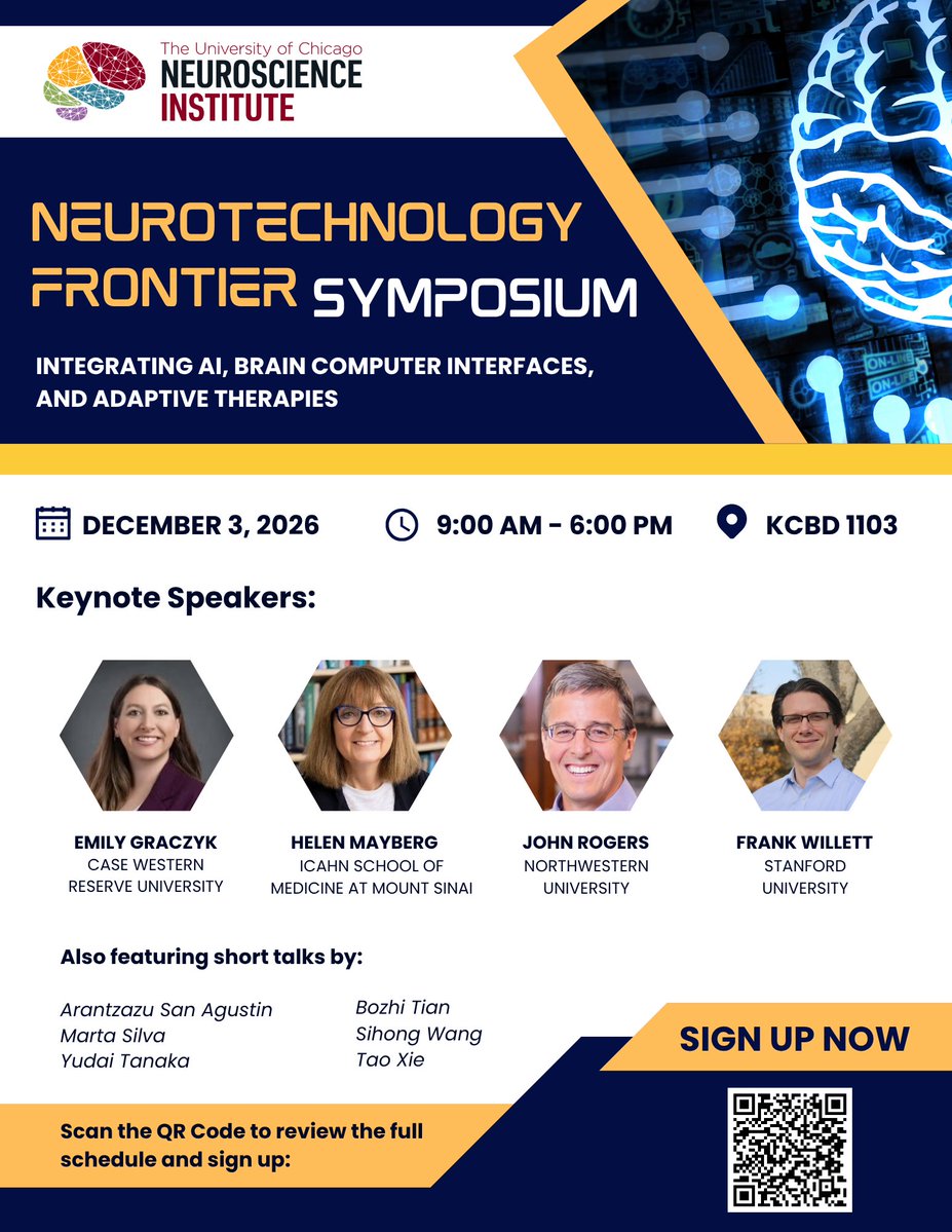 plopesresearch's tweet photo. Join us Dec. 3 for the Neurotechnology Frontier Symposium at UChicago: AI, brain-computer interfaces, and adaptive therapies. Keynotes from @emily_graczyk, @HelenMaybergMD , @ProfJohnARogers , and @WillettNeuro !
9am–6pm, KCBD 1103
https://t.co/xidgG9xSL6 #BCI #neuroscience #HCI https://t.co/DJBjVivldf