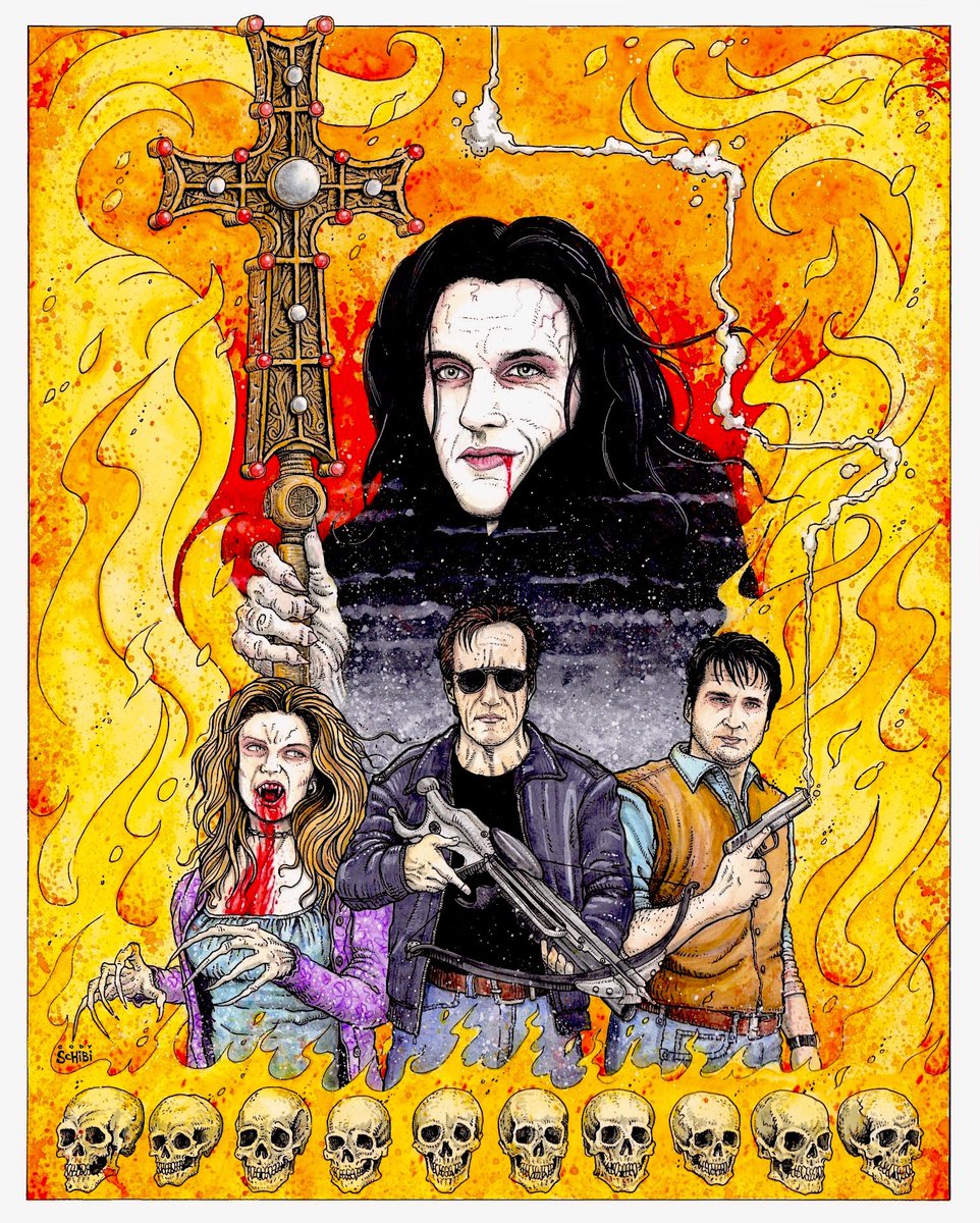 codyschibi's tweet photo. Had a blast on this recent commission… John Carpenter’s VAMPIRES is such a fun, whacky film, &amp; I’ve always wanted to create some art based off it, so thank you, Andy &amp; Laurie for allowing me to do so!
16”x20” ink/watercolor/acrylic on watercolor board. https://t.co/y0ypMtL3eM