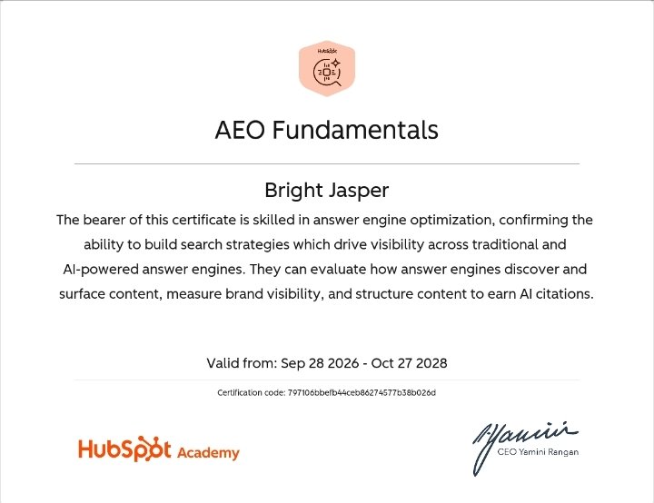 brightjasp's tweet photo. Still on the certification stacking journey — I'm glad to share I've earned my AEO Fundamentals Certification from HubSpot Academy!

From SEO to GEO, now AEO (Answer Engine Optimization).

The shift is real: It's no longer just about ranking, it's about being the answer that AI engines discover, surface, and cite.

This certification validated what I've been implementing on https://t.co/RkX53jQrOp:
✓ Structuring content for answer engines
✓ Building entity-driven visibility 
✓ Measuring content that actually gets cited by LLMs

Earlier this month I fixed my Ahrefs Health 33% → 100% and got Google AI Overview to recognize Bright Jasper as an entity who runs an educational blog. Now adding formal AEO frameworks to the stack.

The link is below — you can verify.
Thanks to @HubSpotAcademy for this opportunity 

Next up: Stacking more GEO/AEO implementation case studies.

#AEO #GEO #SEO #AnswerEngineOptimization #HubSpotAcademy #TechnicalSEO #BrightJasper

https://t.co/RyC79Sddlz
