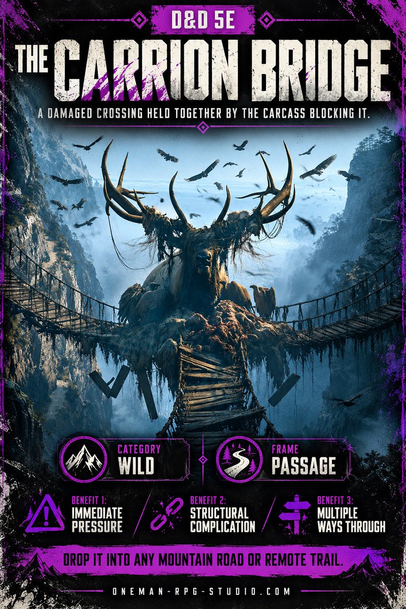 OneManRPGstudio's tweet photo. The Carrion Bridge — Fast Encounter #4

A D&amp;D 5e rope bridge encounter: giant vultures feed on an elk wedged across the span, but the carcass is also bracing a snapped handline. Remove it badly and the bridge gives way.

https://t.co/bvXxpRhuuq

#dnd #dnd5e #FastEncounter https://t.co/XQjMOArBR3