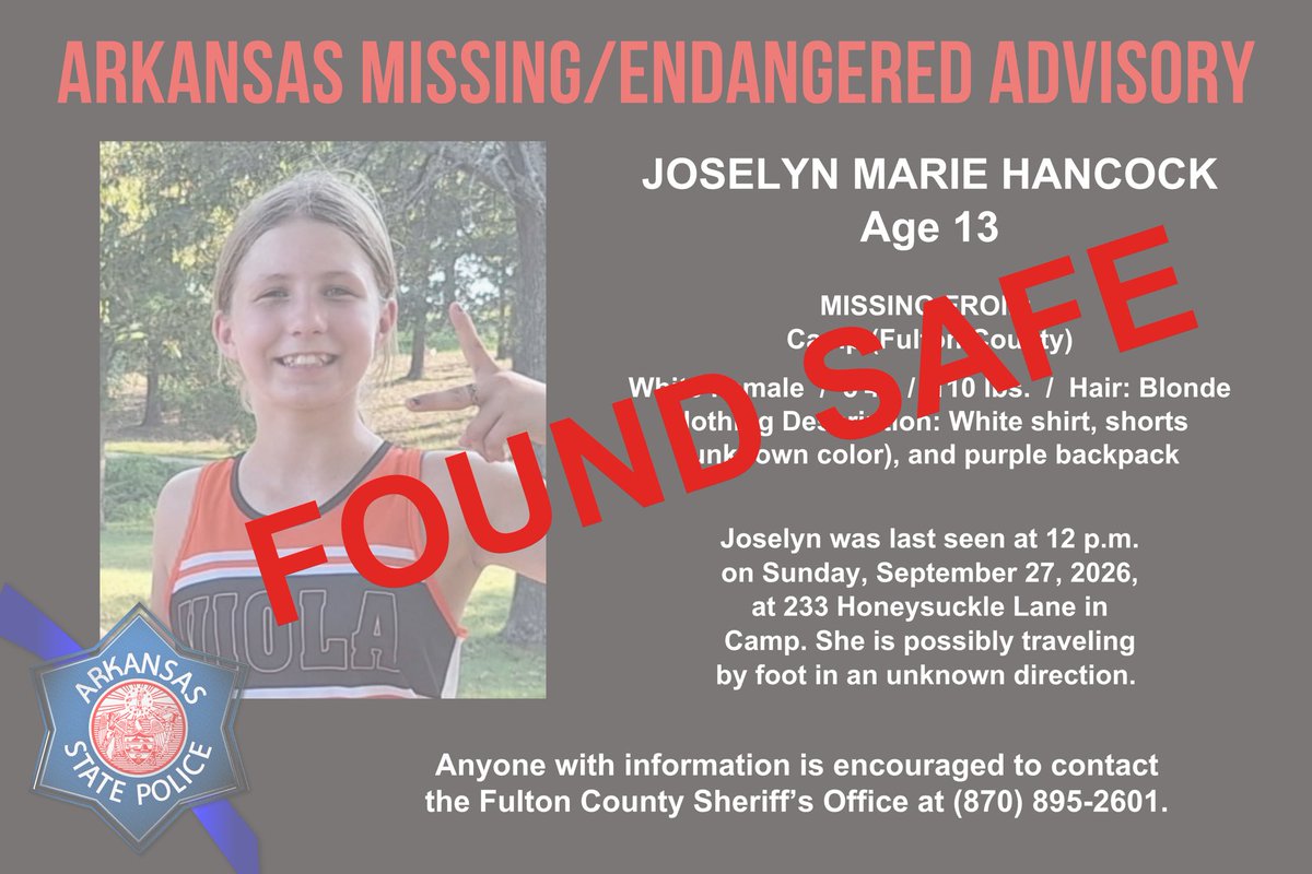 ARStatePolice's tweet photo. ***UPDATE: FOUND SAFE!***
Thank you for sharing. https://t.co/moo2sg0h4S