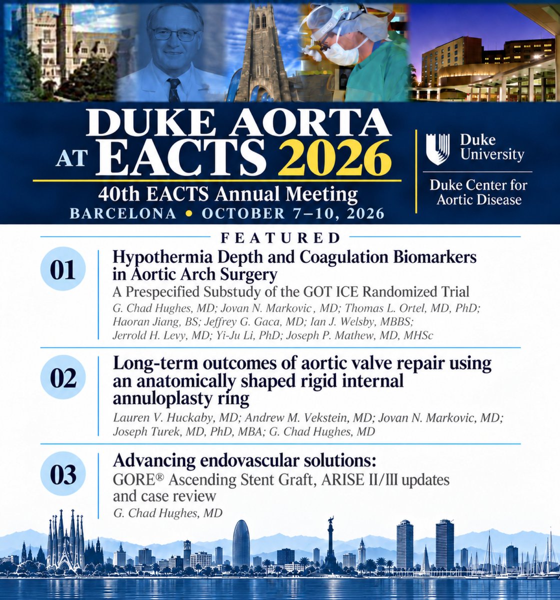 DukeAortic's tweet photo. @DukeHealth @DukeCTSurgery @DukeSurgery  @DukeCardiology @DukeHeart @DukeMedSchool @WLGore @EACTS 

#aortaed #EACTS2026 https://t.co/ogNIXoVNfU