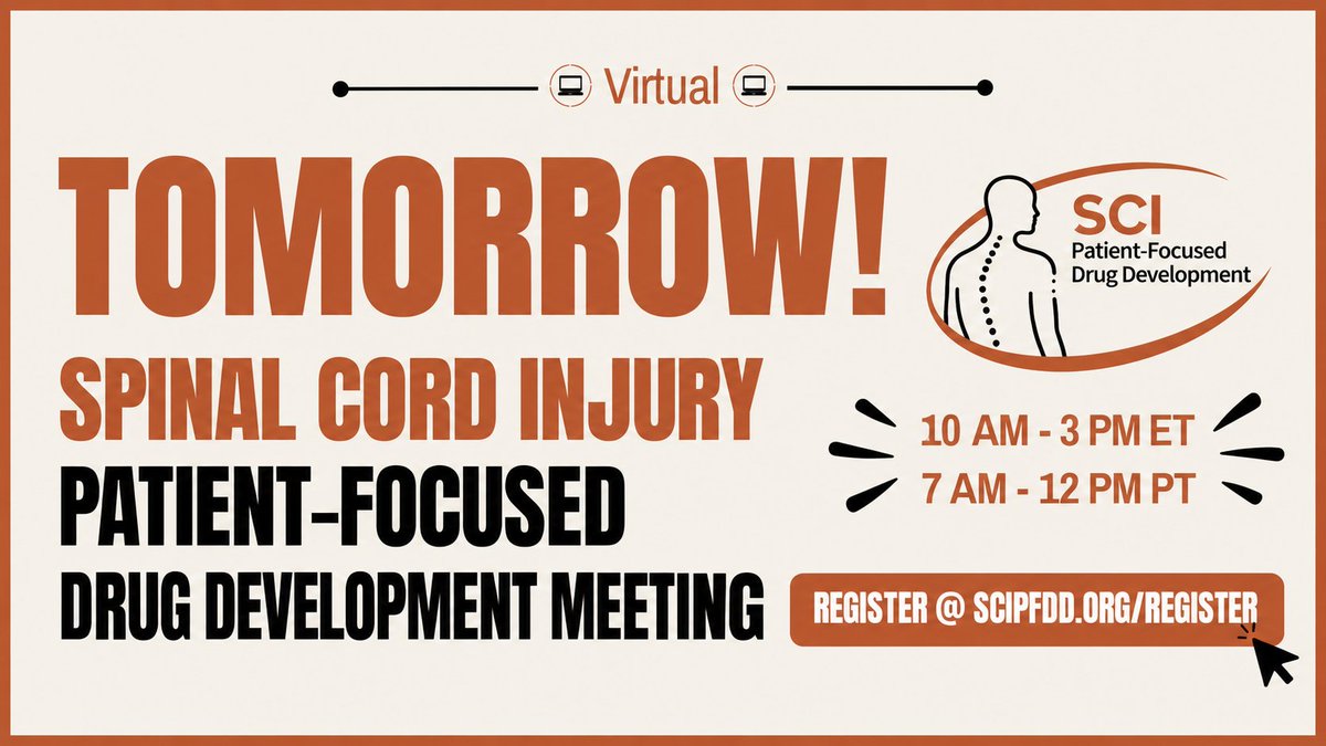 KesslerFdn's tweet photo. Help shape future Spinal Cord Injury treatments. Join the free PFDD meeting Sept. 29 and share your voice: https://t.co/2XIddKGQki

Follow @SCIPFDD for additional updates.

#SCI https://t.co/vUV2hSZhu3