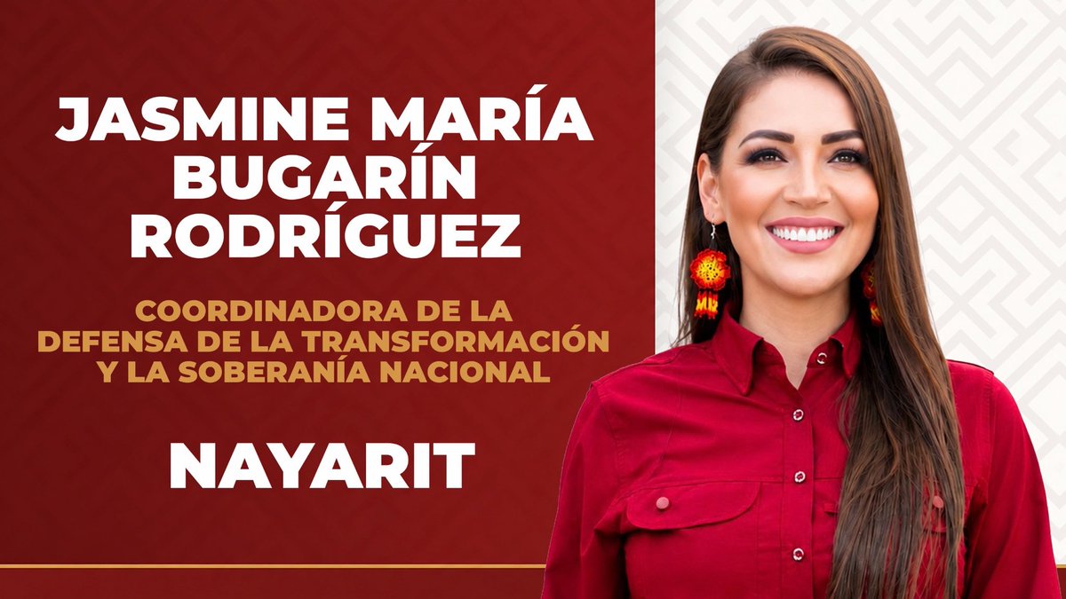 A_MontielR's tweet photo. En #Nayarit, por decisión de la Comisión de Elecciones y atendiendo el principio de paridad, @JasminBugarin será nuestra Coordinadora Estatal de la Defensa de la Transformación y la Soberanía Nacional. 🇲🇽

Una mujer con trayectoria y cercanía con las comunidades de su estado, que asume esta responsabilidad con unidad y convicción.

¡Enhorabuena, Jasmine! 

#UnidosPorLaTransformación