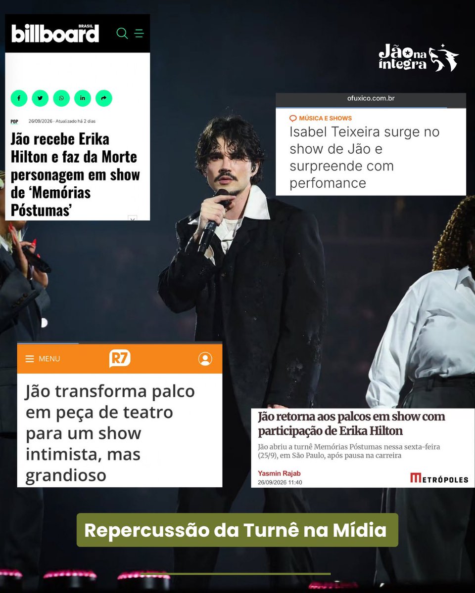 jaonaintegra's tweet photo. Transformar o palco em poesia talvez tenha sido o mais inesperado. Como se dançar com a morte não bastasse, Jão fez da estreia de “Memórias Póstumas” um espetáculo que atravessa música, estética e discurso político.

Diante de 60 mil pessoas, palco 360º, performances e fogos.

O que esperar quando essa história ganhar a estrada?

📸 Andy Santana