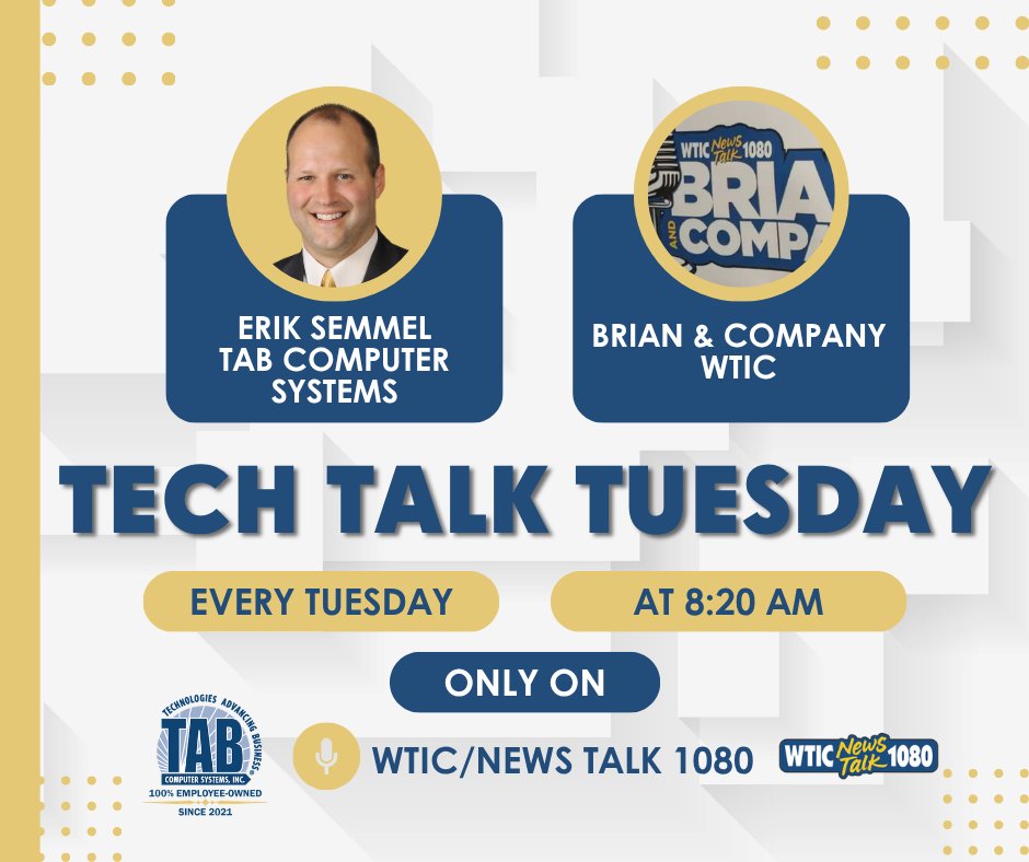 TABComputerSys's tweet photo. Join @Erik Semmel from @TAB Computer Systems and @Brian Shactman from Brian & Company tomorrow at 8:20 AM for #TechTalkTuesday live on @WTIC News/Talk 1080. This weekly segment discusses the latest technology news.
#ITServiceProvider #radioshow #computertalkwithtab #technews https://t.co/ZXWJgNTtVZ