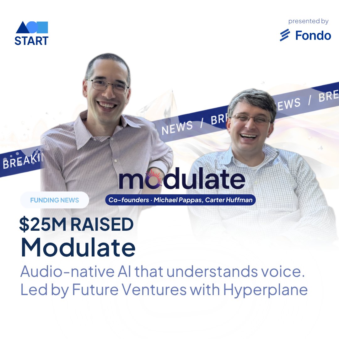 thestartpod's tweet photo. BREAKING 🚨 @modulate_ai, cofounded by @whuffman @mpappas74, raised $25M in new funding led by Future Ventures @VenturesVc with @HyperplaneVC and @lakestarvc, to expand its audio-native AI models and developer ecosystem

Learn more: https://t.co/sHpXnX8RYg https://t.co/UQhoHLBDS2