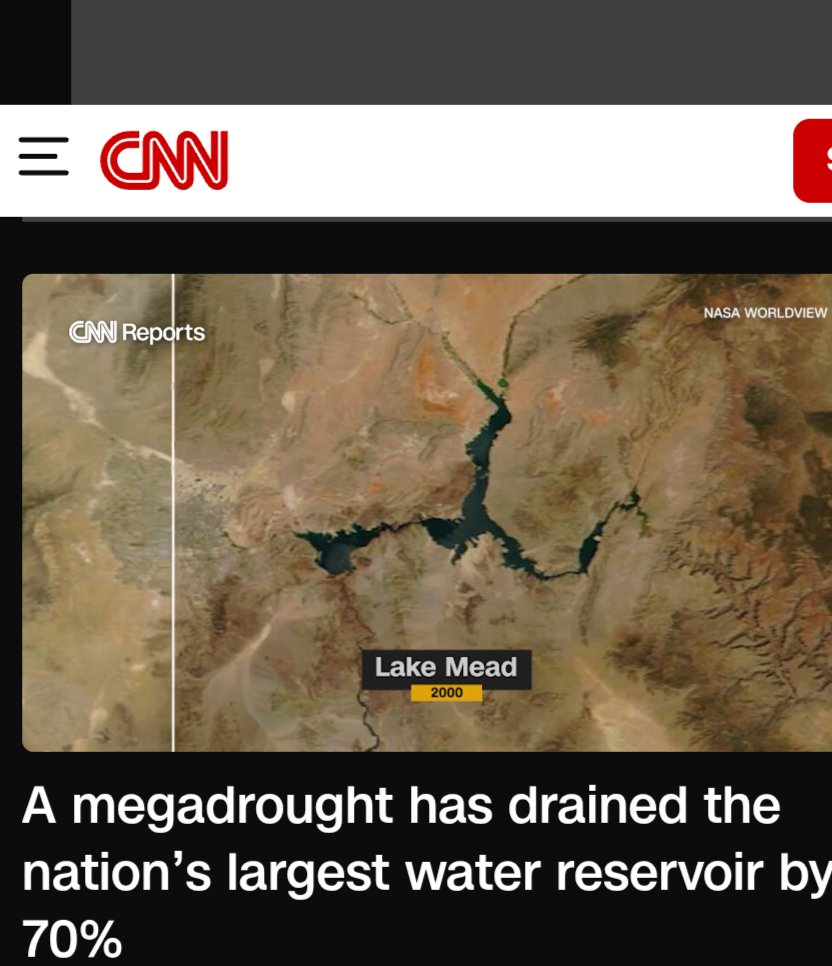 Serenityin24's tweet photo. They want to frame this as climate change when the freaking thing is man made itself. They build a fake lake in the middle of the desert and then build a large city in the middle of the same desert. Drain water from the lake for the city and blame climate change. Go @CNN https://t.co/xAtwOZJN3i