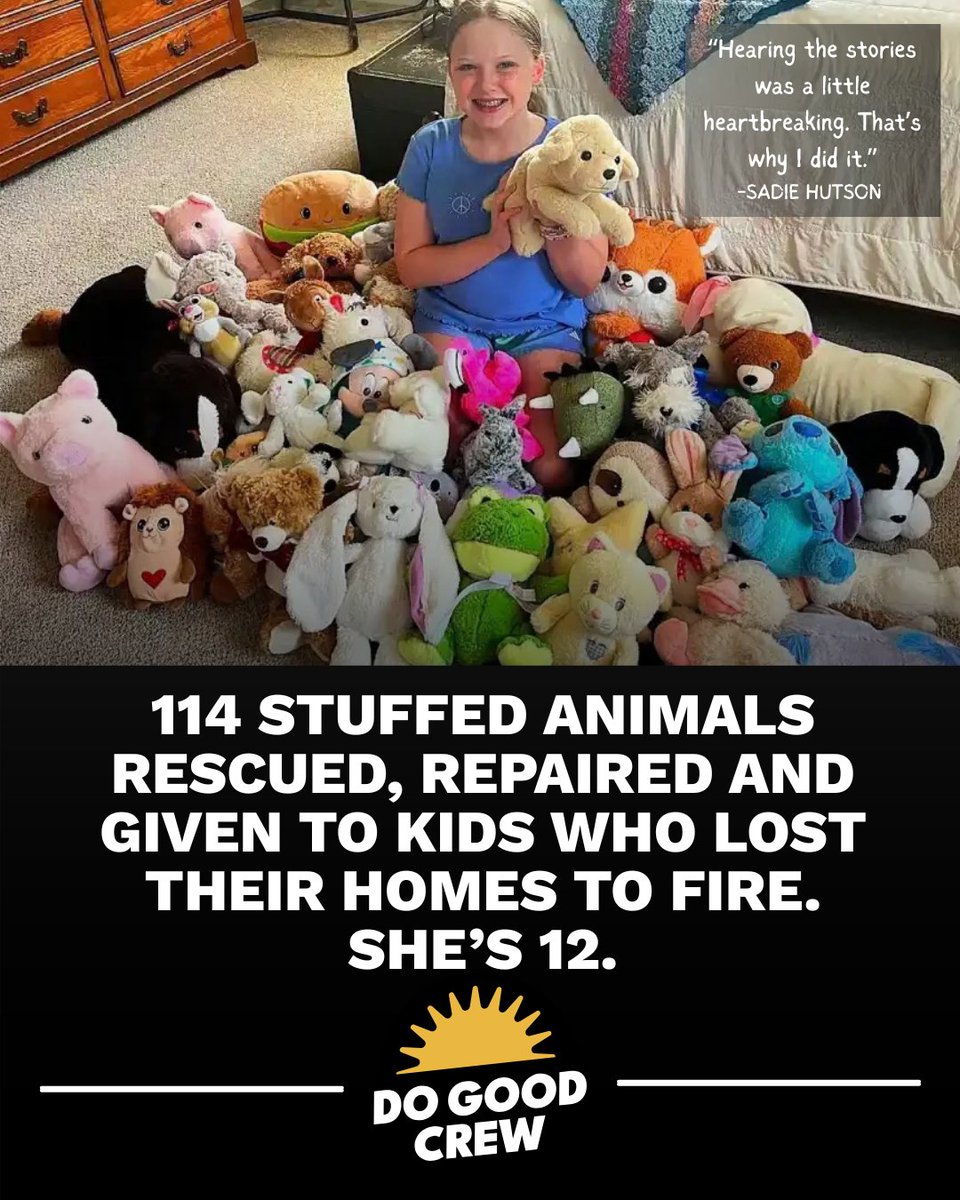 DavidBegnaud's tweet photo. A 12-year-old is thrifting broken stuffed animals, fixing them by hand, and giving them to kids who just lost their homes to fire โ 114 and counting. ๐งธ #DoGoodCrew #KidsWhoCare #Kindness #GoodNews #GiveBack https://t.co/xnsDrayAcT