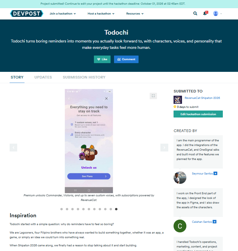 Todochi_app's tweet photo. From ideas on a notebook to officially being submitted to RevenueCat Shipaton 2026! 🚀

Todochi started as an idea between four brothers who wanted to build something together. What started as a simple concept eventually became a real app for iOS and Android.

We invested weeks into coding, successfully shipping the app, listening to feedback, and sharing launch updates along the way.

Now, Todochi is officially submitted to Shipaton 2026!

Thank you to everyone who supported us, gave feedback, shared our posts, or followed our #BuildInPublic journey. 💜

#Shipaton #Todochi #Lagooners #BuildInPublic #ReactNative #IndieDev #PinoyDev